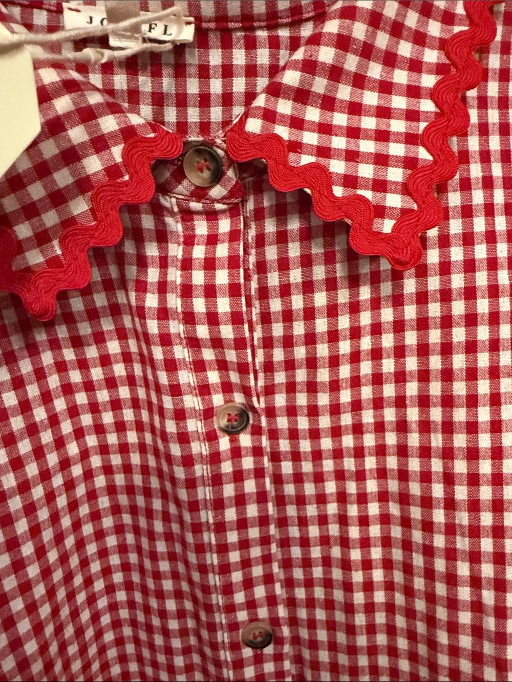 JODIFL Red and White Gingham Puff Sleeve Button-Front Top - Picture 6 of 7